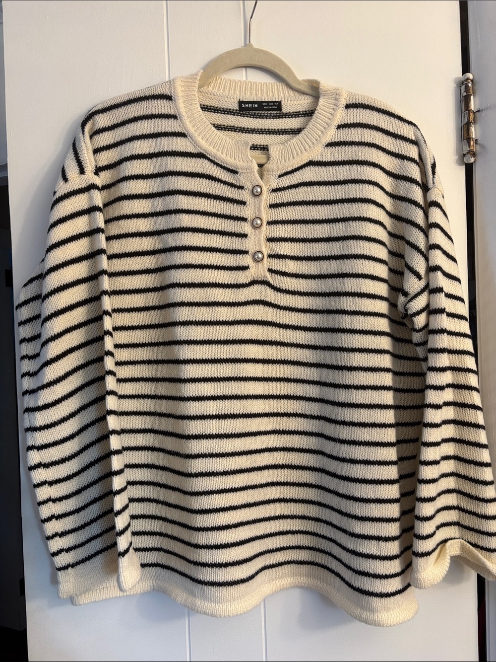 SHEIN Cream & Black Striped Henley Knit Sweater